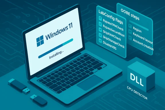 Laptop shows Windows 11 installation progress with configuration panels and a DLL CPU detector. Laptop shows Windows 11 installation progress with configuration panels and a DLL CPU detector.