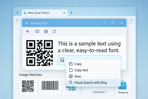Screenshot of a Snipping Tool window showing a QR code, sample text, and a Bing Visual Search menu. Screenshot of a Snipping Tool window showing a QR code, sample text, and a Bing Visual Search menu.