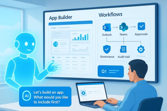 A blue holographic assistant guides a team through an app builder and workflow plan.