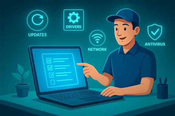 IT technician at a laptop with glowing icons for updates, drivers, network, and antivirus.