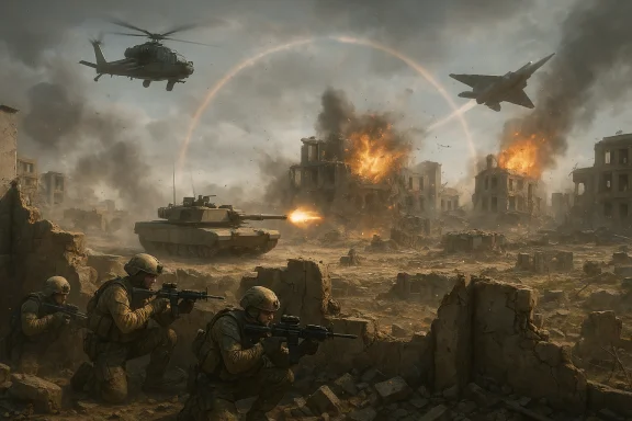 A war-torn city under siege as soldiers take cover, a tank fires, and helicopters and a jet loom overhead. A war-torn city under siege as soldiers take cover, a tank fires, and helicopters and a jet loom overhead.