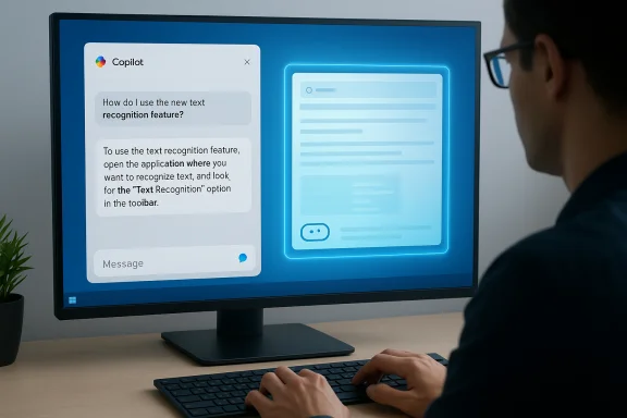 A person types at a desk while the monitor shows Copilot chat explaining text recognition. A person types at a desk while the monitor shows Copilot chat explaining text recognition.