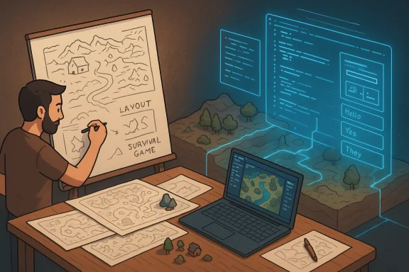 A designer sketches a survival game map on a whiteboard as glowing UI panels hover over a digital landscape. A designer sketches a survival game map on a whiteboard as glowing UI panels hover over a digital landscape.