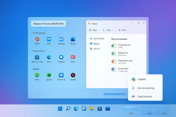 A futuristic Windows desktop showing a split app grid and a Copilot panel. A futuristic Windows desktop showing a split app grid and a Copilot panel.