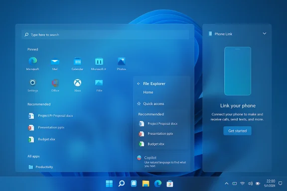 Windows 11 desktop showing Start Menu with pinned apps and a Phone Link panel. Windows 11 desktop showing Start Menu with pinned apps and a Phone Link panel.