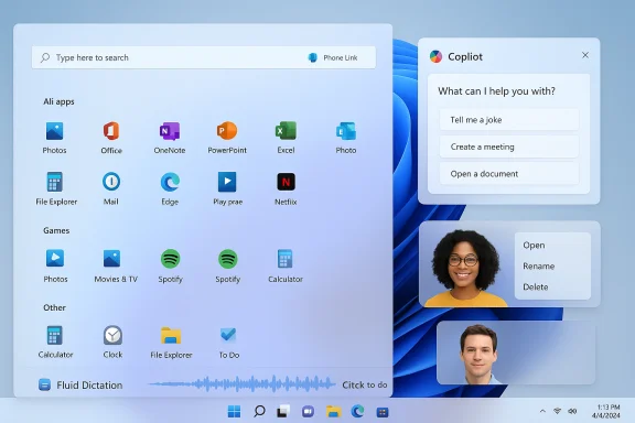 Windows 11-style desktop with rounded icons, a Copilot panel, and profile tiles. Windows 11-style desktop with rounded icons, a Copilot panel, and profile tiles.