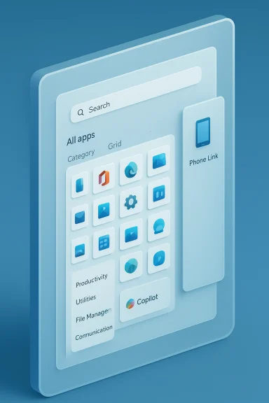 A 3D-rendered smartphone UI with an app icon grid and a side Phone Link panel. A 3D-rendered smartphone UI with an app icon grid and a side Phone Link panel.