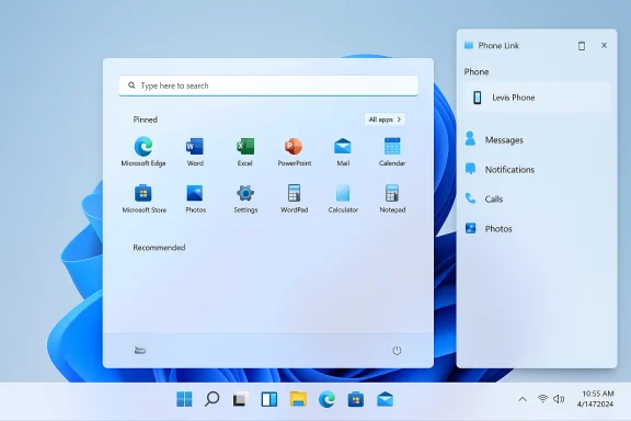 Windows 11 desktop featuring a Start menu with icons and a Phone Link panel. Windows 11 desktop featuring a Start menu with icons and a Phone Link panel.