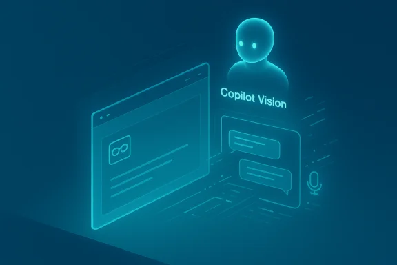 Blue holographic UI labeled 'Copilot Vision' with chat bubbles and a glowing avatar. Blue holographic UI labeled 'Copilot Vision' with chat bubbles and a glowing avatar.