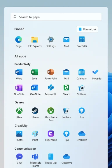 Windows-style Start Menu with pinned apps and categories on a blue gradient background. Windows-style Start Menu with pinned apps and categories on a blue gradient background.