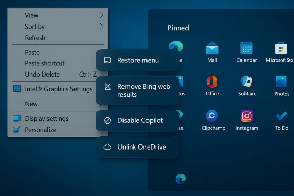 Windows desktop with stacked blue action menus floating over app icons. Windows desktop with stacked blue action menus floating over app icons.