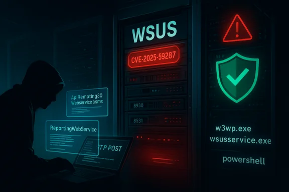 A hooded hacker at a laptop in a dim data center, exploiting a WSUS CVE-2025-59287. A hooded hacker at a laptop in a dim data center, exploiting a WSUS CVE-2025-59287.
