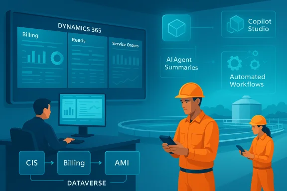 Dynamics 365 dashboard with AI automation and orange-clad workers in an industrial setting. Dynamics 365 dashboard with AI automation and orange-clad workers in an industrial setting.