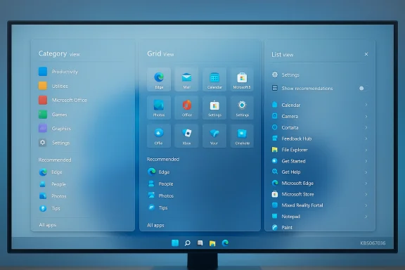 A large monitor displays a three-panel app launcher with Category, Grid, and List views. A large monitor displays a three-panel app launcher with Category, Grid, and List views.