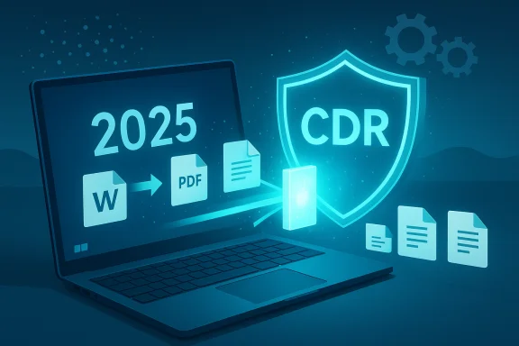 A laptop shows a 2025 Word-to-PDF workflow protected by a glowing CDR shield. A laptop shows a 2025 Word-to-PDF workflow protected by a glowing CDR shield.