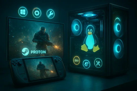 Neon-lit gaming setup with Proton on the monitor, a handheld console, and a PC case featuring a glowing penguin. Neon-lit gaming setup with Proton on the monitor, a handheld console, and a PC case featuring a glowing penguin.