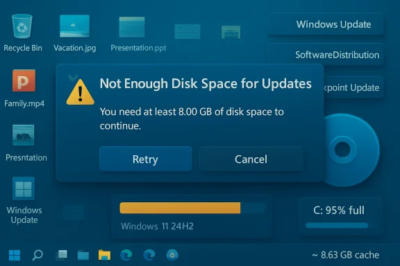 Blue desktop shows a warning: Not Enough Disk Space for Updates, need 8 GB; Retry or Cancel. Blue desktop shows a warning: Not Enough Disk Space for Updates, need 8 GB; Retry or Cancel.