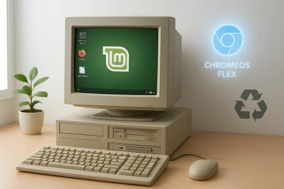 Retro beige computer with Linux Mint on screen, keyboard and mouse, plant nearby, ChromeOS Flex projection on wall. Retro beige computer with Linux Mint on screen, keyboard and mouse, plant nearby, ChromeOS Flex projection on wall.
