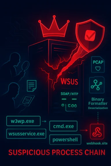 Neon poster illustrating a suspicious process chain attack involving WSUS and deserialization. Neon poster illustrating a suspicious process chain attack involving WSUS and deserialization.