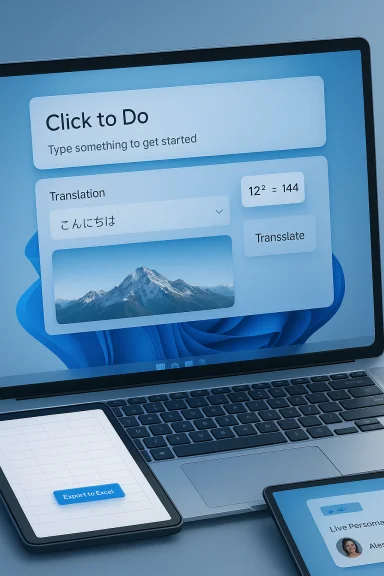 Laptop screen shows a 'Click to Do' translation UI, with a tablet nearby saying 'Export to Excel.' Laptop screen shows a 'Click to Do' translation UI, with a tablet nearby saying 'Export to Excel.'
