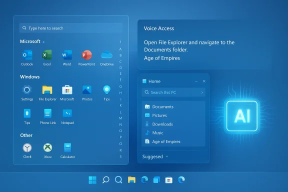 Blue Windows-style desktop UI showing app icons, a Voice Access panel, and a glowing AI symbol. Blue Windows-style desktop UI showing app icons, a Voice Access panel, and a glowing AI symbol.