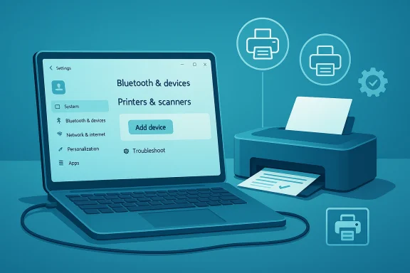 Laptop displays Bluetooth and printers settings beside a printer printing a document. Laptop displays Bluetooth and printers settings beside a printer printing a document.