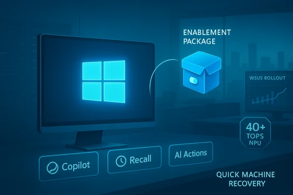 Blue tech infographic showing a Windows enablement package with Copilot, Recall, and AI actions. Blue tech infographic showing a Windows enablement package with Copilot, Recall, and AI actions.