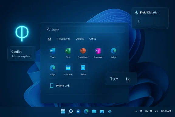 Futuristic Windows desktop with Copilot, search panel, app grid, and floating widgets. Futuristic Windows desktop with Copilot, search panel, app grid, and floating widgets.