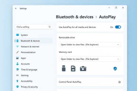 Settings window: Bluetooth & devices > AutoPlay with On toggle and drive/media options. Settings window: Bluetooth & devices > AutoPlay with On toggle and drive/media options.