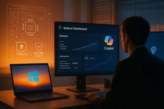 A professional monitors a rollout dashboard on a large display beside a Windows laptop. A professional monitors a rollout dashboard on a large display beside a Windows laptop.