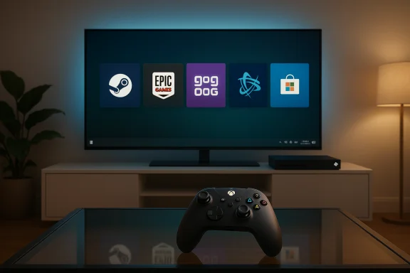 Cozy living room setup with a large TV displaying game icons and an Xbox controller on a glass coffee table. Cozy living room setup with a large TV displaying game icons and an Xbox controller on a glass coffee table.