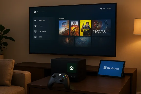 Cozy living room with an Xbox Series X, a large TV showing the game menu, and a Windows 11 tablet. Cozy living room with an Xbox Series X, a large TV showing the game menu, and a Windows 11 tablet.