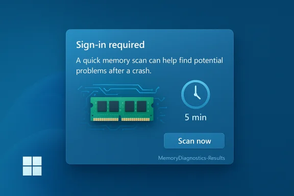 Windows memory diagnostics prompt showing RAM module, 5‑minute timer, and 'Scan now' option. Windows memory diagnostics prompt showing RAM module, 5‑minute timer, and 'Scan now' option.