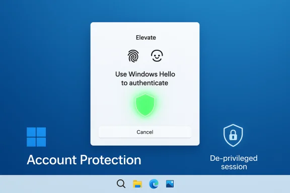 Windows Hello authentication prompt on a blue desktop with a glowing shield. Windows Hello authentication prompt on a blue desktop with a glowing shield.