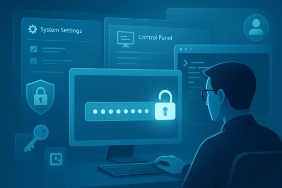 A person at a computer with password entry and security-themed screens. A person at a computer with password entry and security-themed screens.