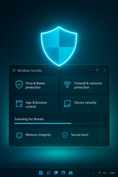 A glowing blue shield hovers over the Windows Security dashboard with protection options. A glowing blue shield hovers over the Windows Security dashboard with protection options.