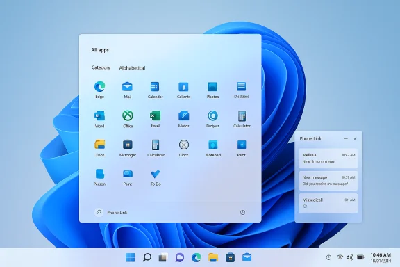 Windows 11-style desktop with a large Start menu grid of apps and a Phone Link panel. Windows 11-style desktop with a large Start menu grid of apps and a Phone Link panel.
