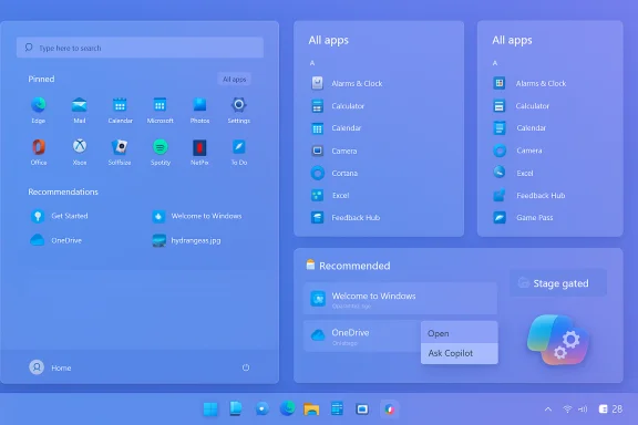Blue Windows-like start screen with pinned apps, all-apps lists, and a large Recommended panel. Blue Windows-like start screen with pinned apps, all-apps lists, and a large Recommended panel.