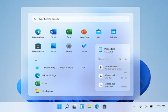 Windows 11-style desktop with a Start menu of app icons and a Phone Link panel. Windows 11-style desktop with a Start menu of app icons and a Phone Link panel.