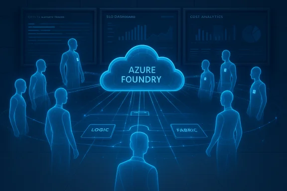 Neon blue Azure Foundry cloud surrounded by holographic figures, with Logic and Fabric tiles. Neon blue Azure Foundry cloud surrounded by holographic figures, with Logic and Fabric tiles.