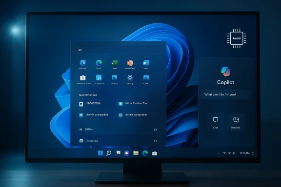 Blue-toned computer screen showing a Windows-like Start menu and a Copilot panel. Blue-toned computer screen showing a Windows-like Start menu and a Copilot panel.