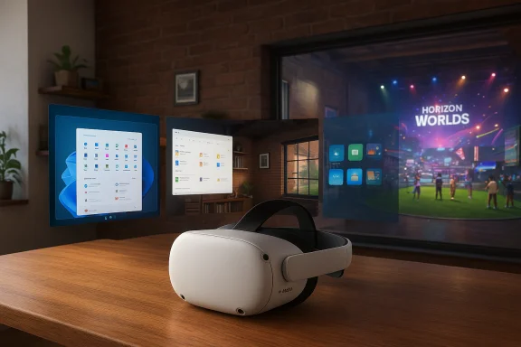 White VR headset on a wooden desk with floating screens showing apps in a brick-walled room. White VR headset on a wooden desk with floating screens showing apps in a brick-walled room.