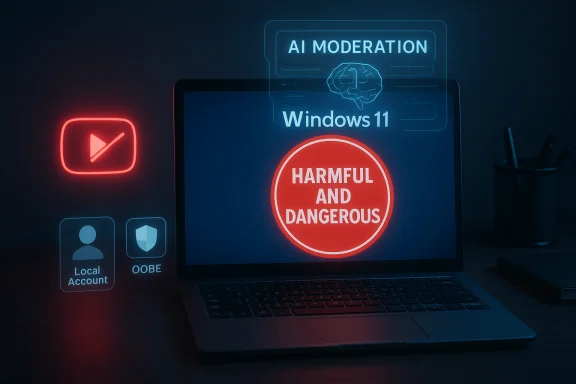 Laptop screen shows Windows 11 with a red 'Harmful and Dangerous' warning amid AI moderation graphics. Laptop screen shows Windows 11 with a red 'Harmful and Dangerous' warning amid AI moderation graphics.