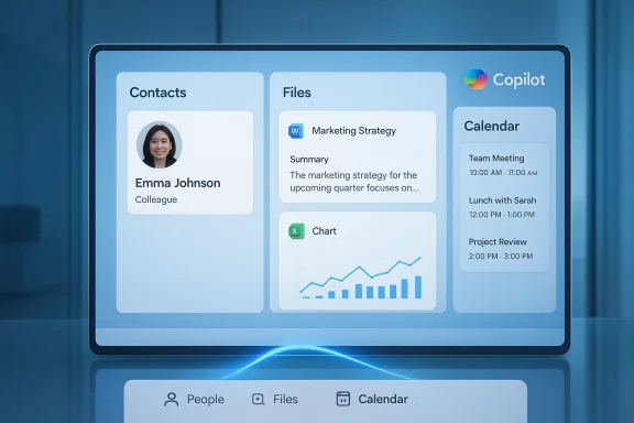 Blue digital dashboard UI showing Contacts, Files, and Calendar with Copilot branding. Blue digital dashboard UI showing Contacts, Files, and Calendar with Copilot branding.