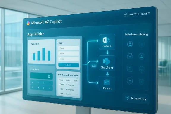 Microsoft 365 Copilot UI showing App Builder flow from forms to Outlook, SharePoint, Planner. Microsoft 365 Copilot UI showing App Builder flow from forms to Outlook, SharePoint, Planner.