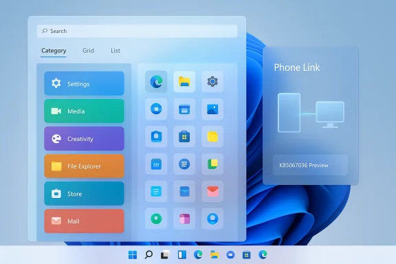 Windows-style desktop UI with colorful app tiles, a settings panel, and a Phone Link card. Windows-style desktop UI with colorful app tiles, a settings panel, and a Phone Link card.