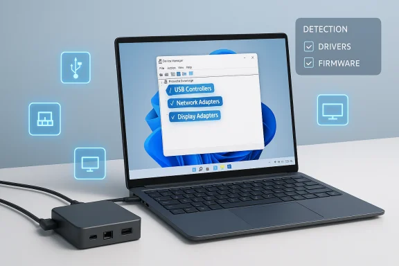 Laptop screen displays a device-manager-style panel with USB, Network, and Display adapters. Laptop screen displays a device-manager-style panel with USB, Network, and Display adapters.