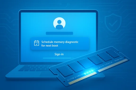 Blue tech scene: laptop with a memory diagnostic prompt and a RAM stick. Blue tech scene: laptop with a memory diagnostic prompt and a RAM stick.