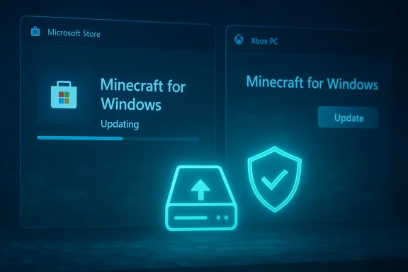 Blue holographic screens show Minecraft for Windows updating with a security shield. Blue holographic screens show Minecraft for Windows updating with a security shield.