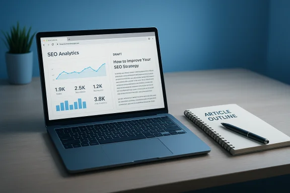 Laptop screen shows an SEO analytics dashboard beside a notebook labeled Article Outline and a pen.